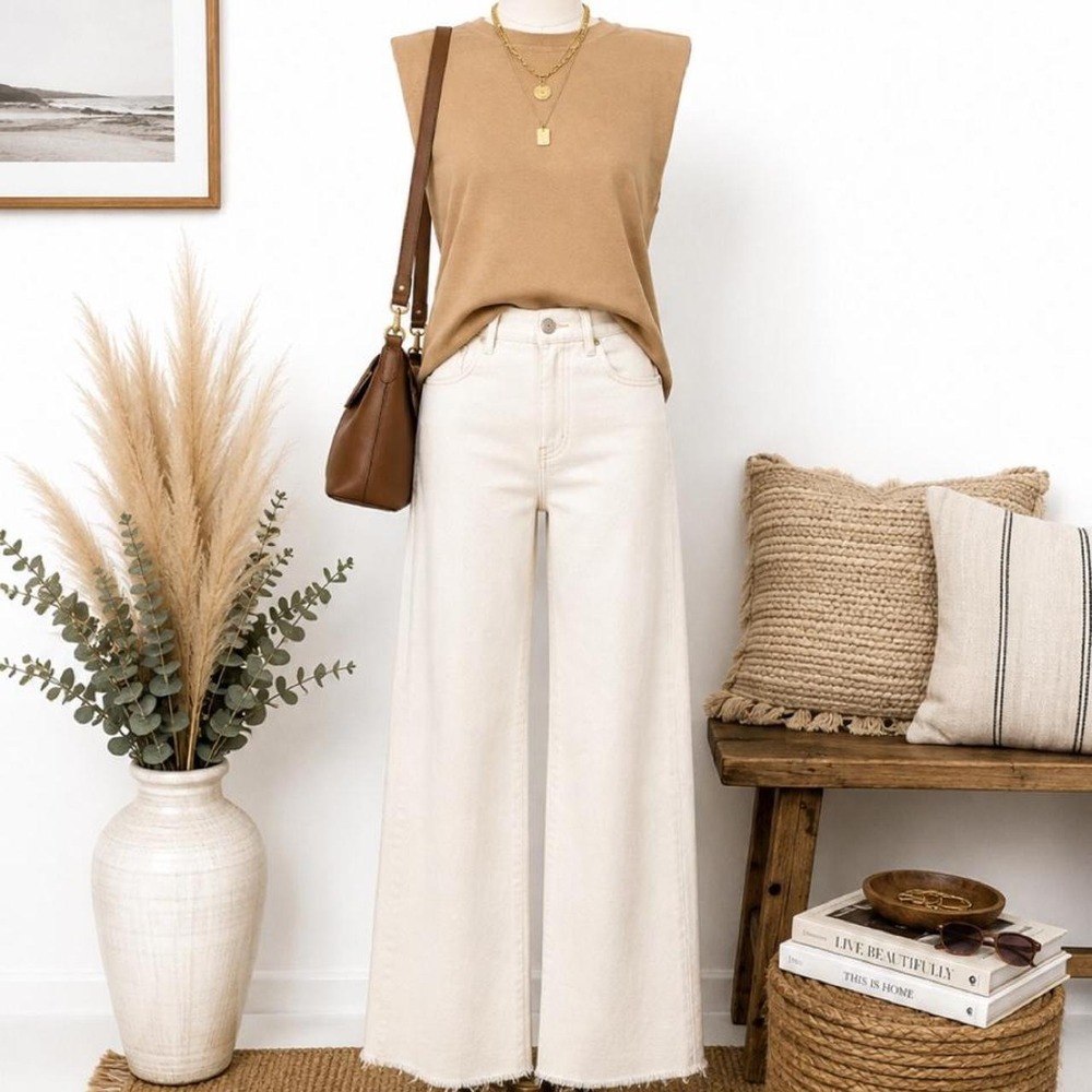 Moodie Camel Tan Shoulder Pad Sleeveless Top Women's Small